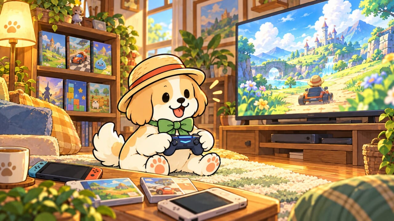 自室でいろいろなゲームを楽しそうに遊ぶ抹