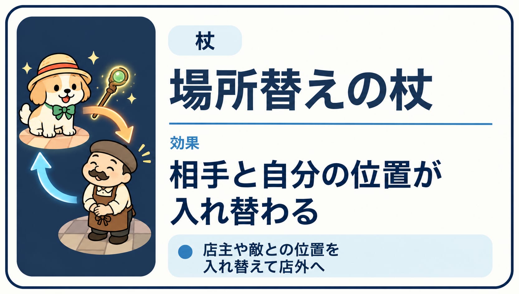 場所替えの杖で店主と自分の位置を入れ替える効果カード