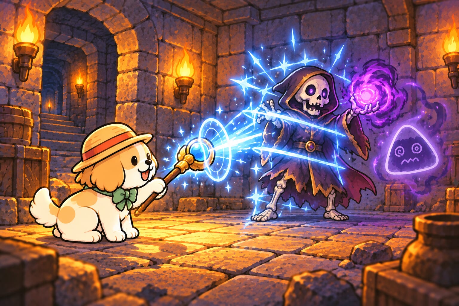 ガイコツまおうの魔法を杖で止める抹