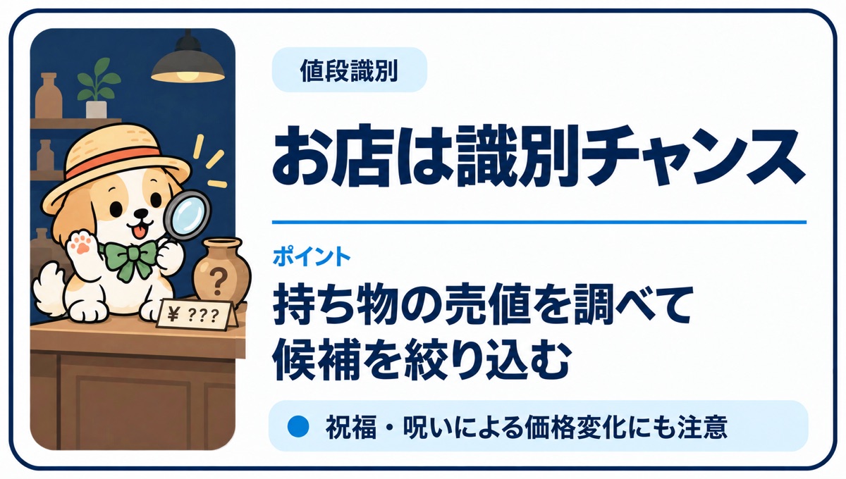 店で持ち物の売値を調べて未識別アイテムの候補を絞る方法