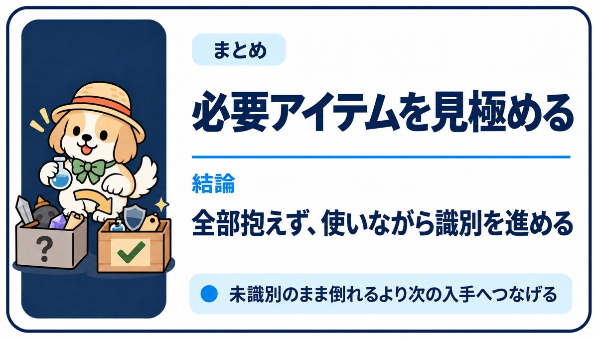 必要なアイテムを見極め使いながら識別を進める結論
