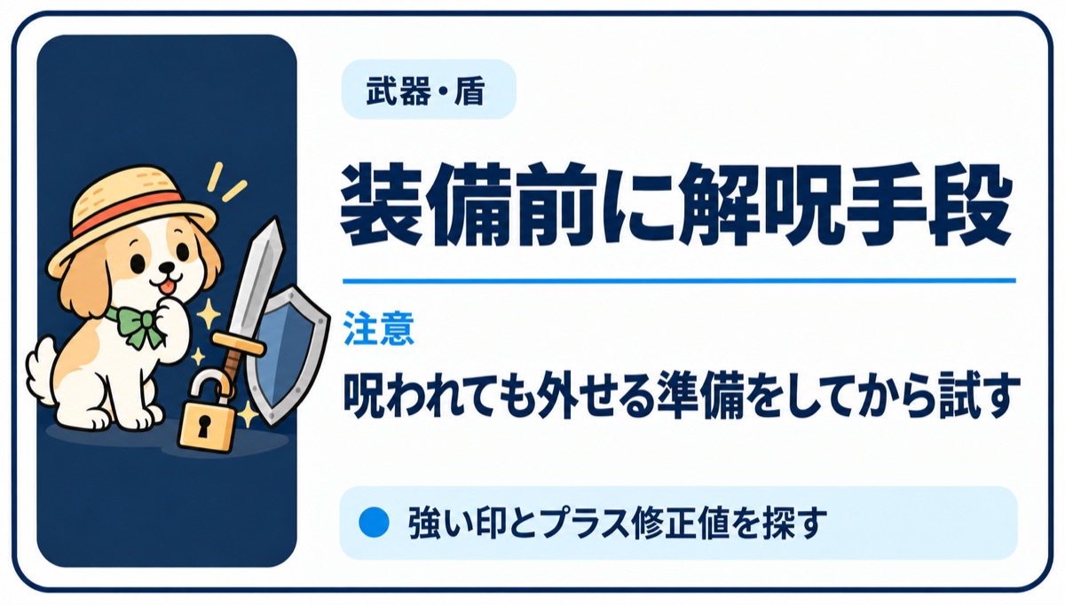 解呪手段を用意してから武器と盾を識別する注意点